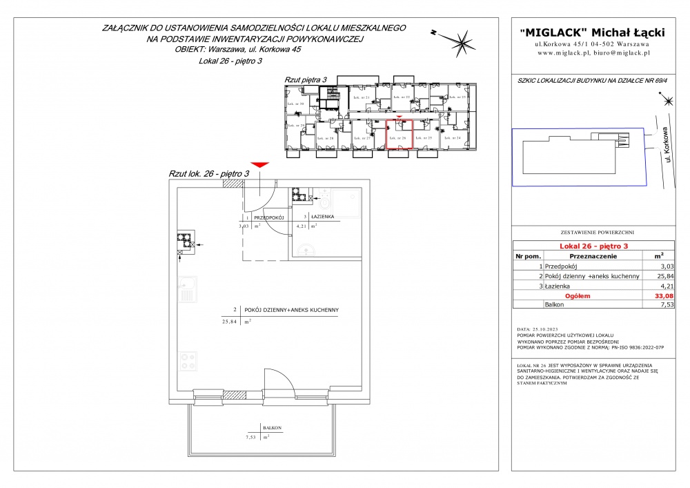 Mieszkanie nr 26: 1 pokojowe 33,08m2, 3 piętro (miejsce postojowe w garażu podziemnym) - 1