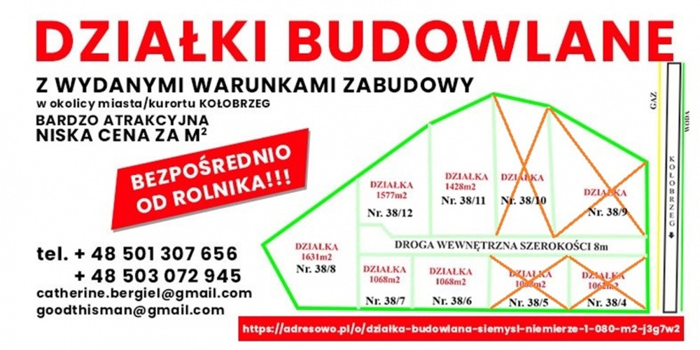 Działki budowlane od 1070m² do 1750m2 w pobliżu kurortu m.Kołobrzeg! - 1