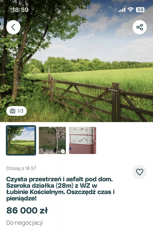 Sprzedam działkę w Łubinie Kościelnym 20 arów asfalt, kanalizacja, wodociąg, wszystko pod działką  - 1